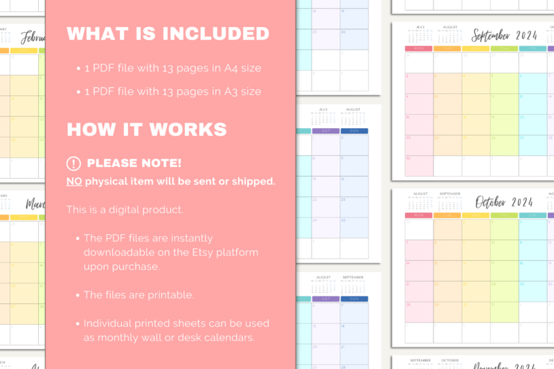 2024 Printable Rainbow Monthly Calendar | PDF Digital File | A4 & A3 Sizes | with View of Previous and Next Months on Page - Image 6