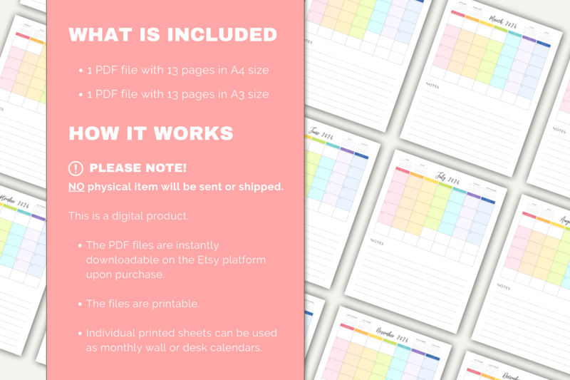 2024 Printable Rainbow Monthly Calendar with Notes Section | PDF Digital File | A4 & A3 Sizes - Image 6