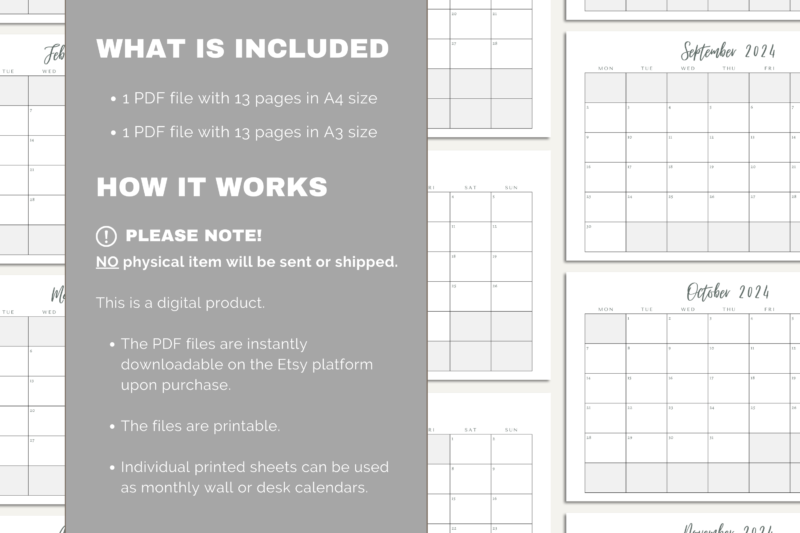 2024 Printable Monthly Calendar | PDF Digital File | A4 & A3 Sizes | Clean and Simple Minimalist Design - Image 6