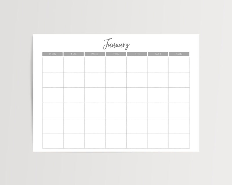 Printable Blank Undated Reusable Grey Monthly Calendar | PDF Digital File | A4 & A3 Sizes | Clean and Simple Design | Monday/Sunday Start