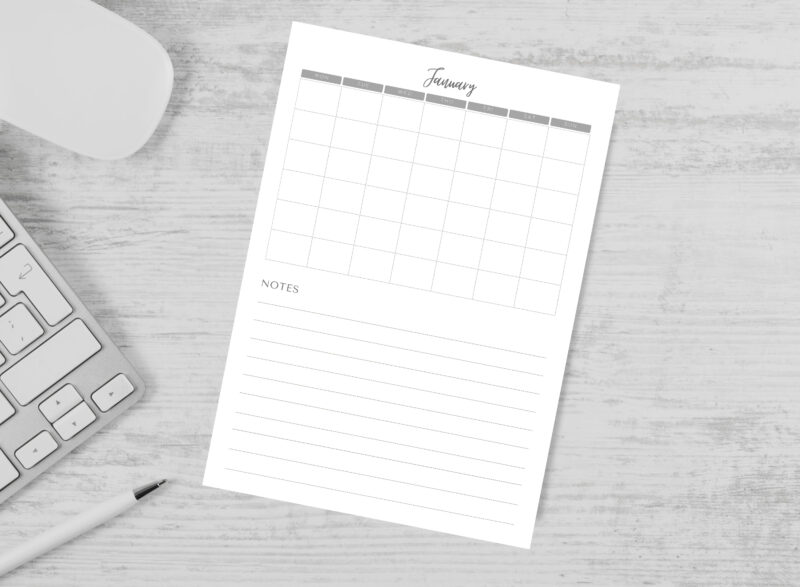 Printable Blank Undated Reusable Grey Monthly Calendar | PDF Digital File | A4 & A3 Sizes | Clean and Simple | Monday/Sunday Start | Notes