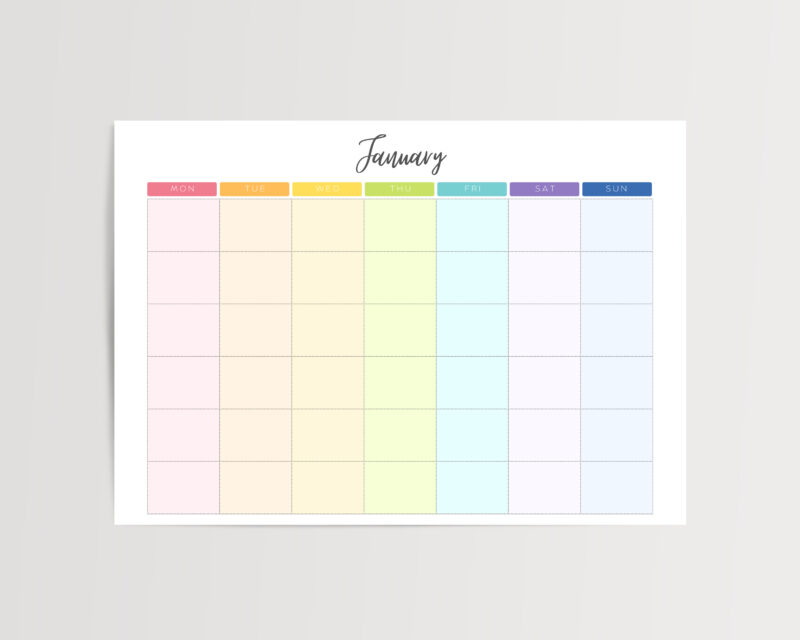 Printable Blank Undated Reusable Rainbow Monthly Calendar | PDF Digital File | A4 & A3 Sizes | Monday/Sunday Start