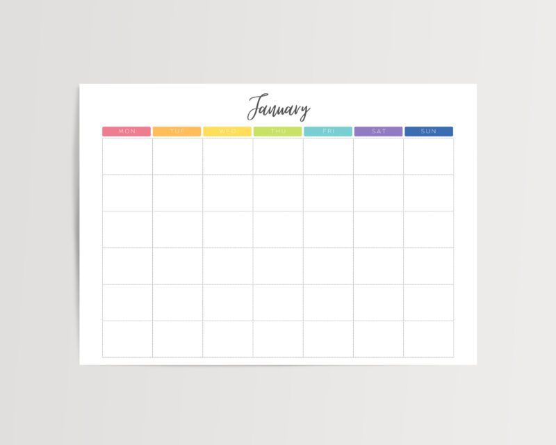 Printable Blank Undated Reusable Rainbow Monthly Calendar | PDF Digital File | A4 & A3 Sizes | Monday/Sunday Start