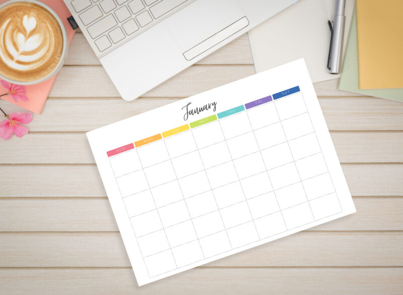 Printable Blank Undated Reusable Rainbow Monthly Calendar | PDF Digital File | A4 & A3 Sizes | Monday/Sunday Start - Image 2