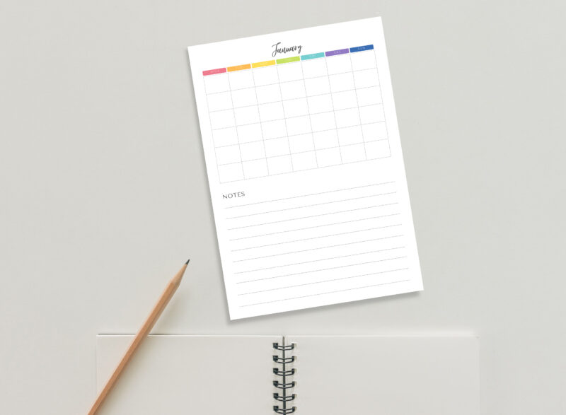 Printable Blank Undated Reusable Rainbow Monthly Calendar with Notes Section | PDF Digital File | A4 & A3 Sizes | Monday/Sunday Start