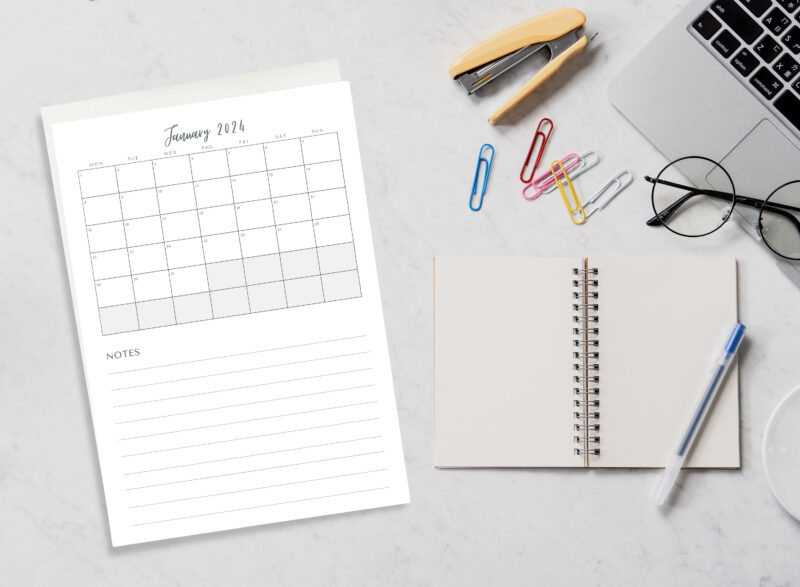 2024 Printable Monthly Calendar with Notes Section | PDF Digital File | A4 & A3 Sizes | Clean and Simple Minimalist Design