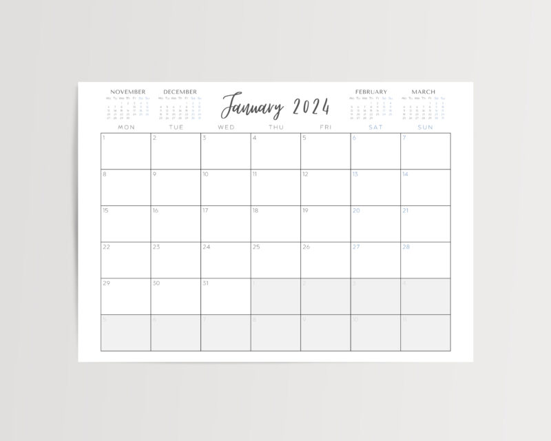 2024 Printable Months-at-a-Glance Monthly Calendar | PDF Digital File | A4 & A3 Sizes | with View of Previous and Next Months on Page