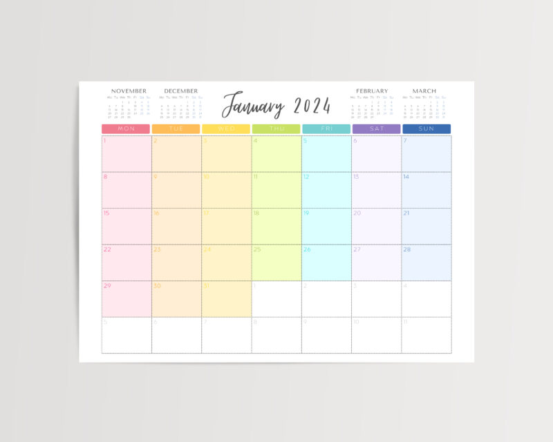 2024 Printable Rainbow Monthly Calendar | PDF Digital File | A4 & A3 Sizes | with View of Previous and Next Months on Page