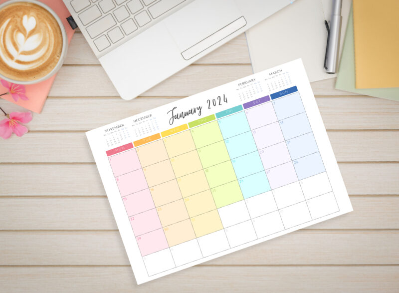 2024 Printable Rainbow Monthly Calendar | PDF Digital File | A4 & A3 Sizes | with View of Previous and Next Months on Page - Image 7