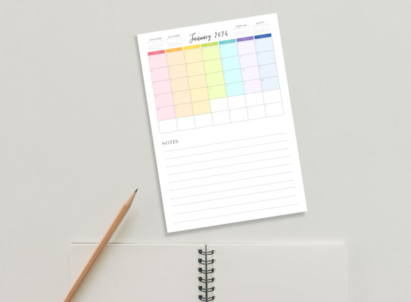 2024 Printable Rainbow Monthly Calendar with Notes Section | PDF Digital File | A4 & A3 Sizes